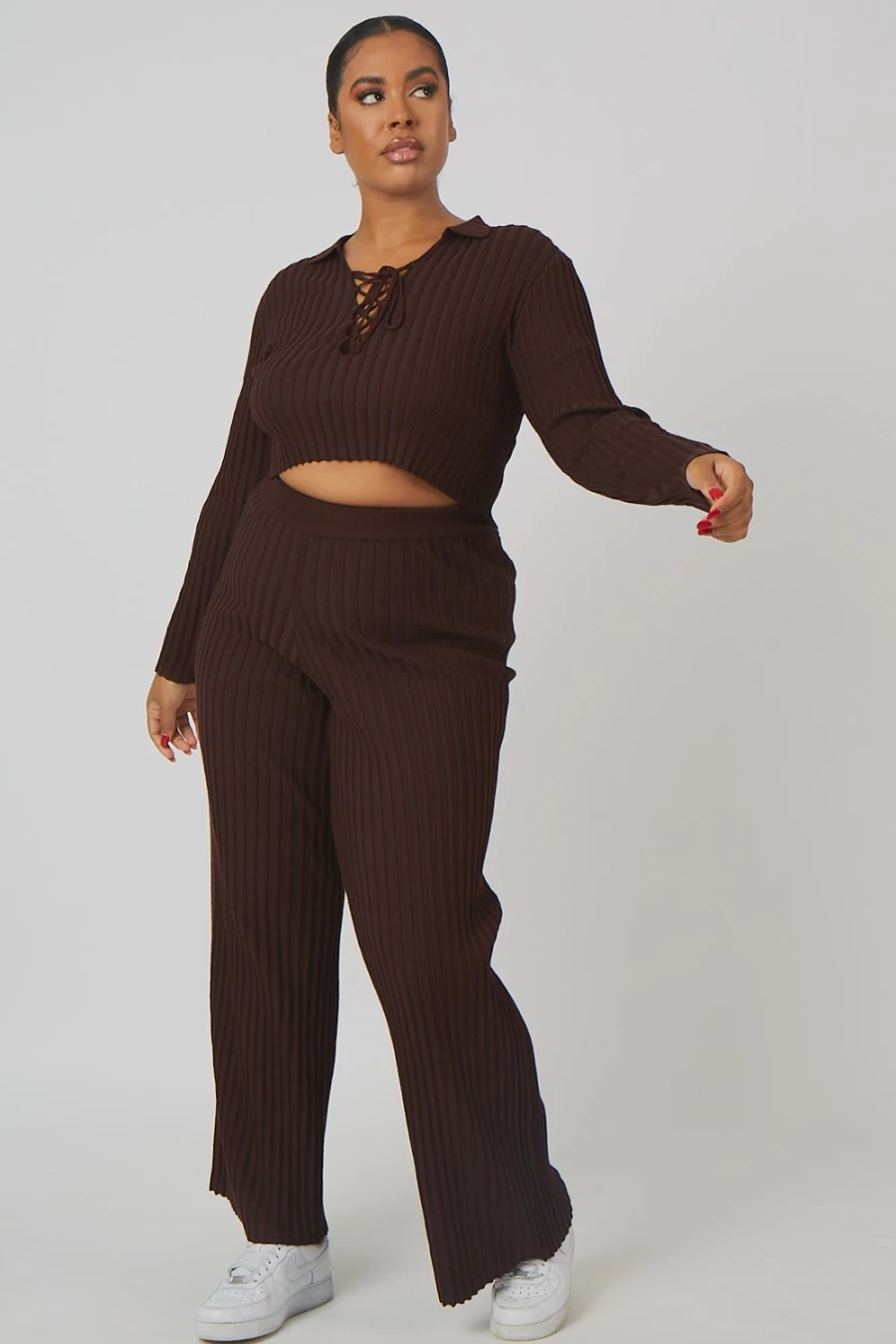 Public Desire Women's Chocolate High Waist Curve Ribbed Knitted Wide Leg Trousers