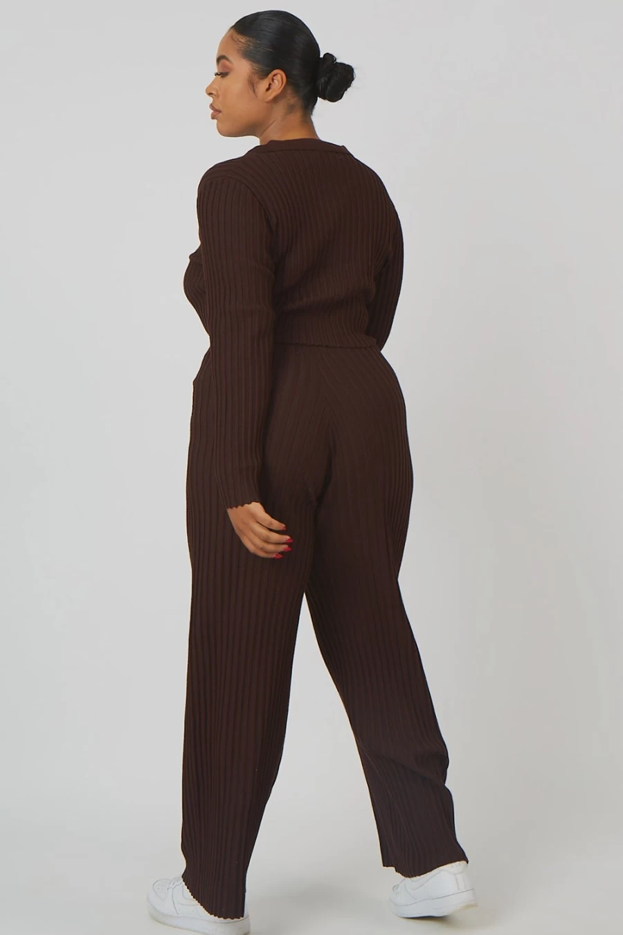 Public Desire Women's Chocolate High Waist Curve Ribbed Knitted Wide Leg Trousers