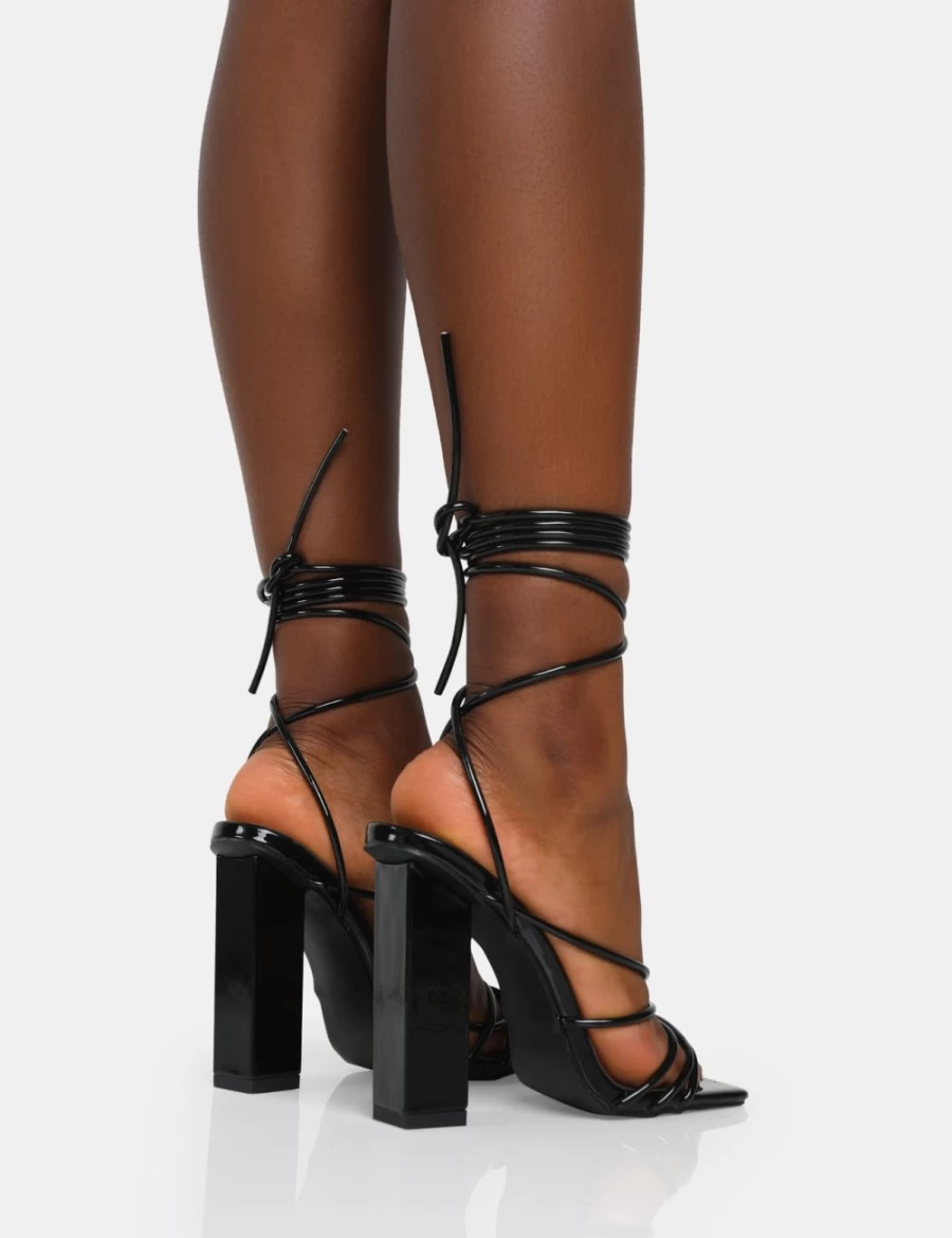 Public Desire Nyla Black Patent Leather Strappy Lace-Up Block Heels for Women Square Toe