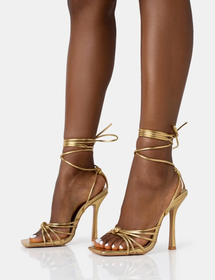 Public Desire Women's Aspen Gold Wide Fit Square Toe Stiletto Heels with Knot Strap Lace Up