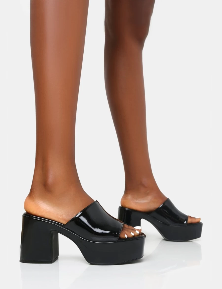 Public Desire Black Ariel Patent Mule Chunky Mid Heel Platform Shoes for Women