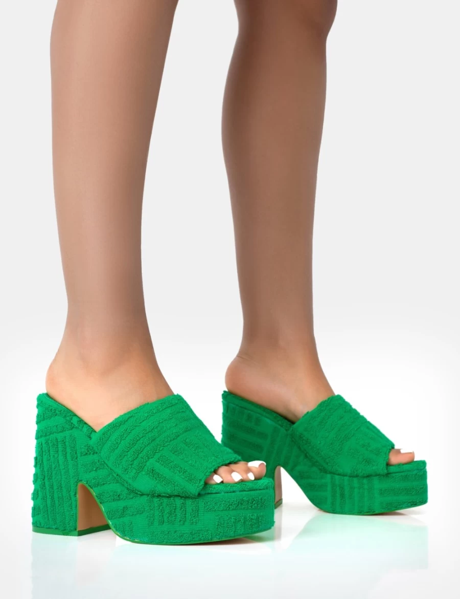 Public Desire Women's Green Wavez Terry Towelling Platform Block Heel Mules - Round Toe Slide Sandals