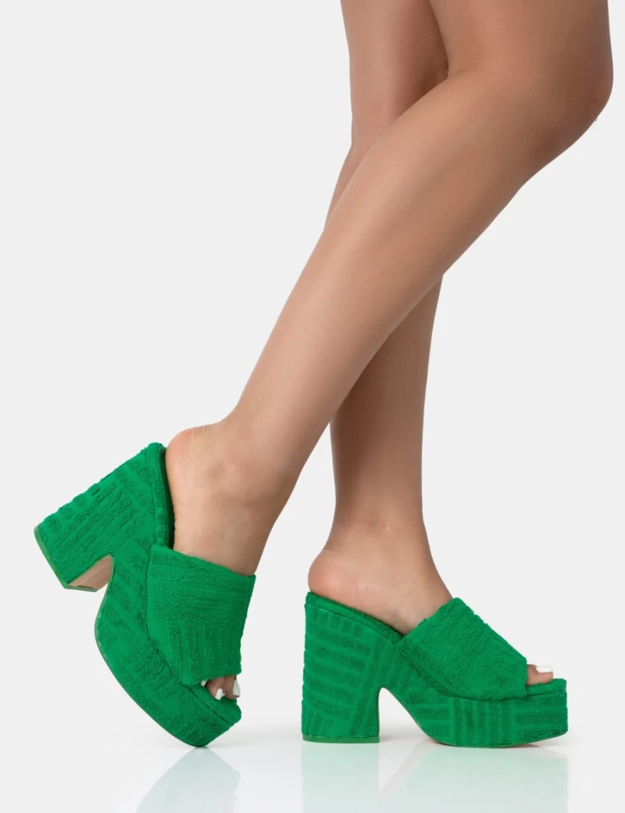 Public Desire Women's Green Wavez Terry Towelling Platform Block Heel Mules - Round Toe Slide Sandals