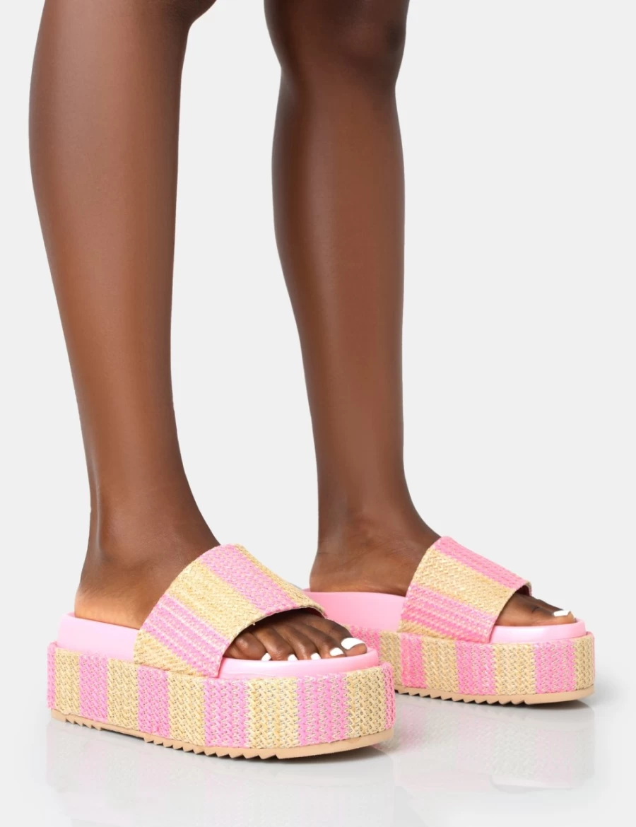 Public Desire Women's Pink Seashore Stripe Flatform Raffia Slide Sandals