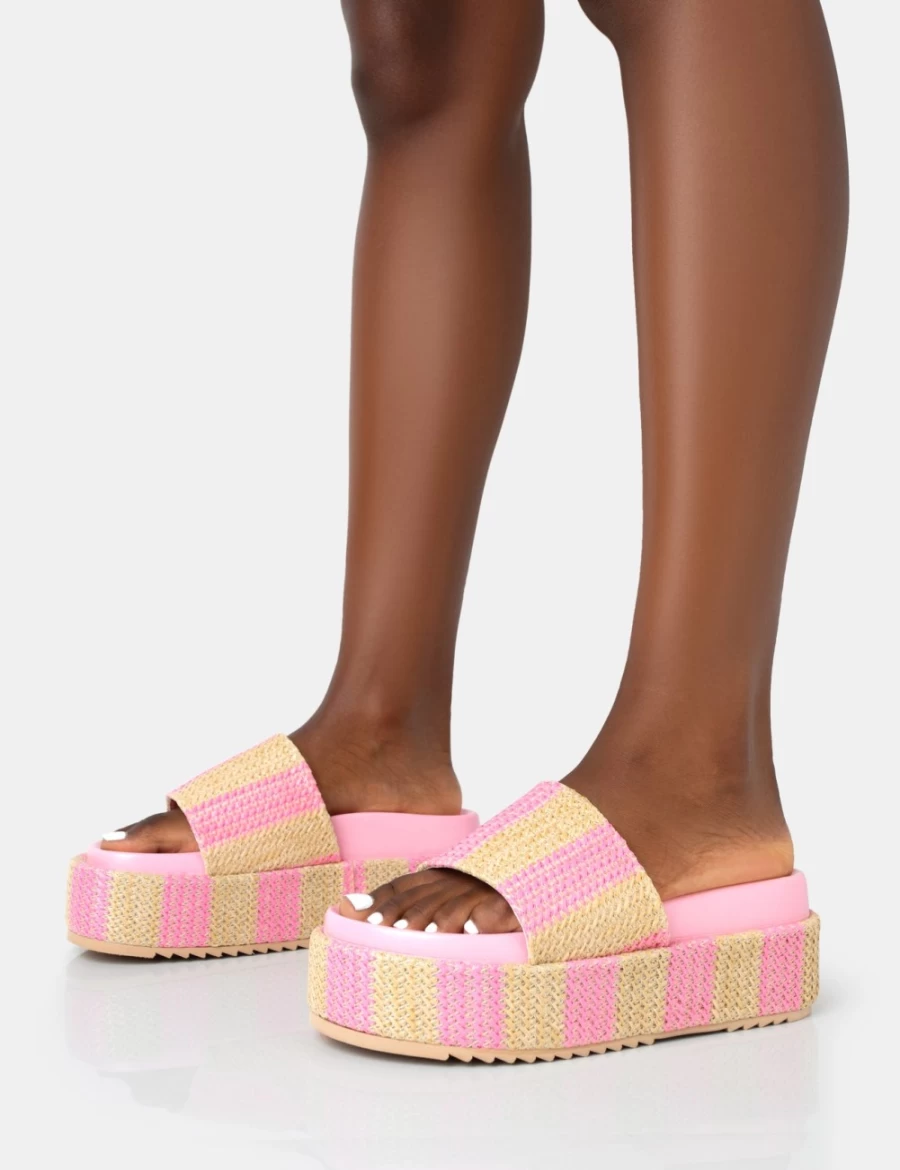 Public Desire Women's Pink Seashore Stripe Flatform Raffia Slide Sandals