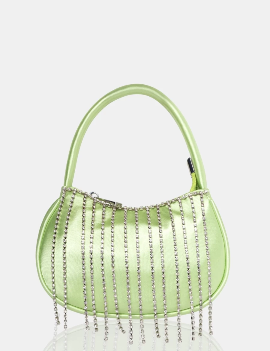 Public Desire Women's Green Satin Mini Bag with Diamante Trim - Soft Satin Clutch