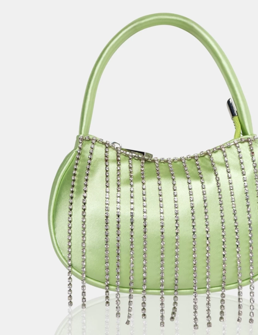 Public Desire Women's Green Satin Mini Bag with Diamante Trim - Soft Satin Clutch