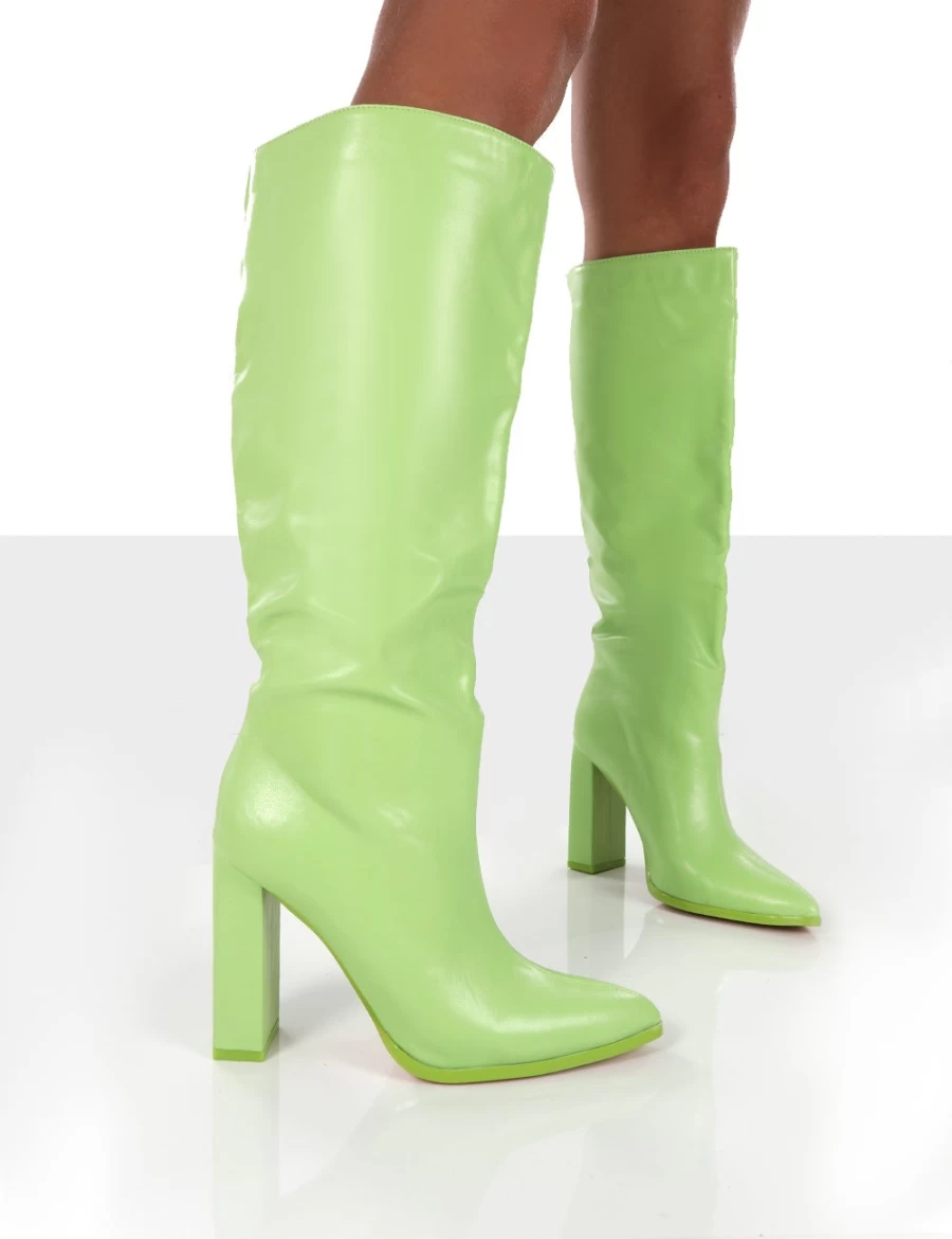 Public Desire Women's Lime Knee High Block Heel Boots - Far Away Grain Pu Square Toe Fashion Boots