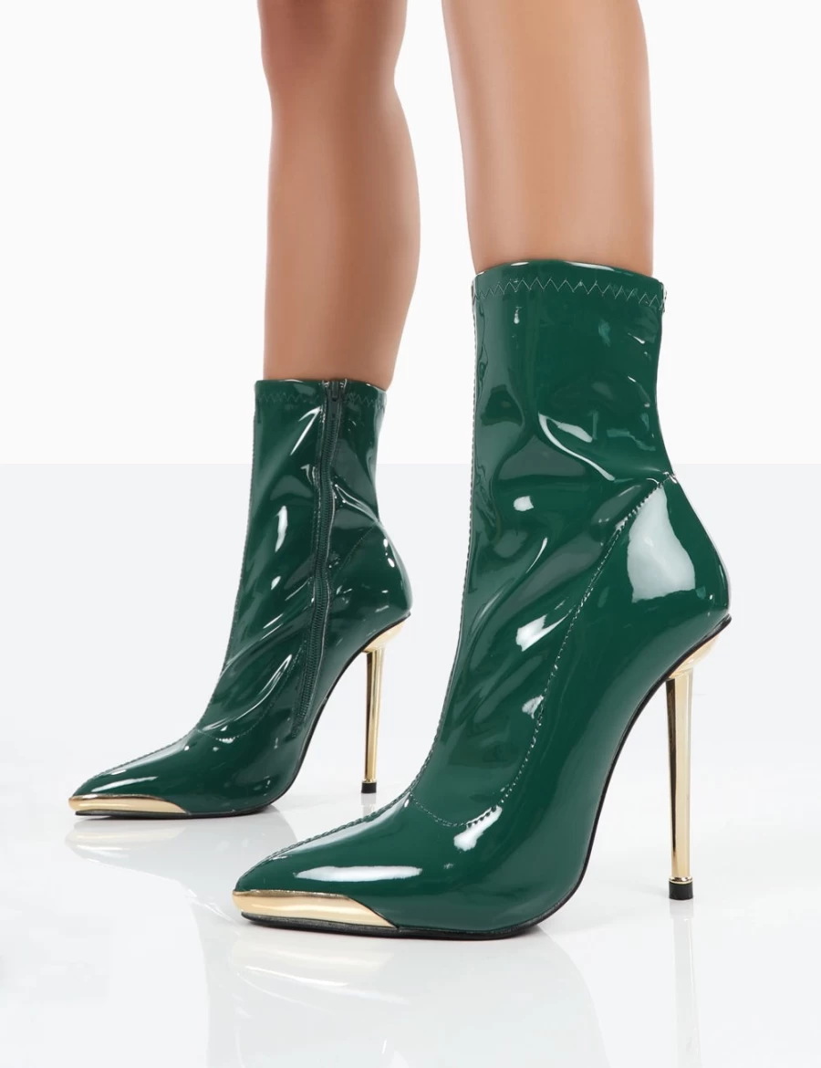 Public Desire Women's Green Patent Stiletto Heel Ankle Boots - Pointed Toe Fashion Footwear