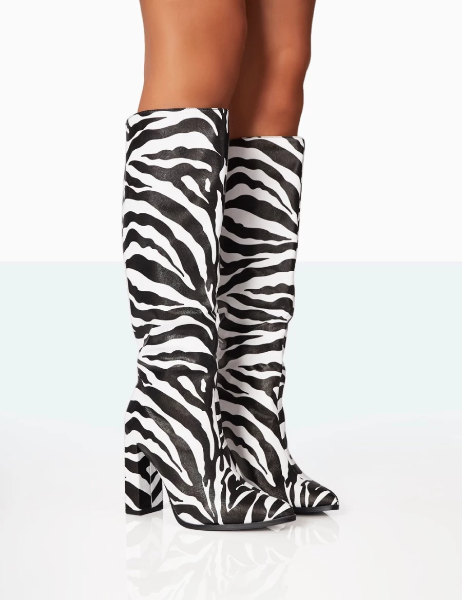 Public Desire Women's Zebra Print Knee High Block Heel Boots - Posie Pu Style