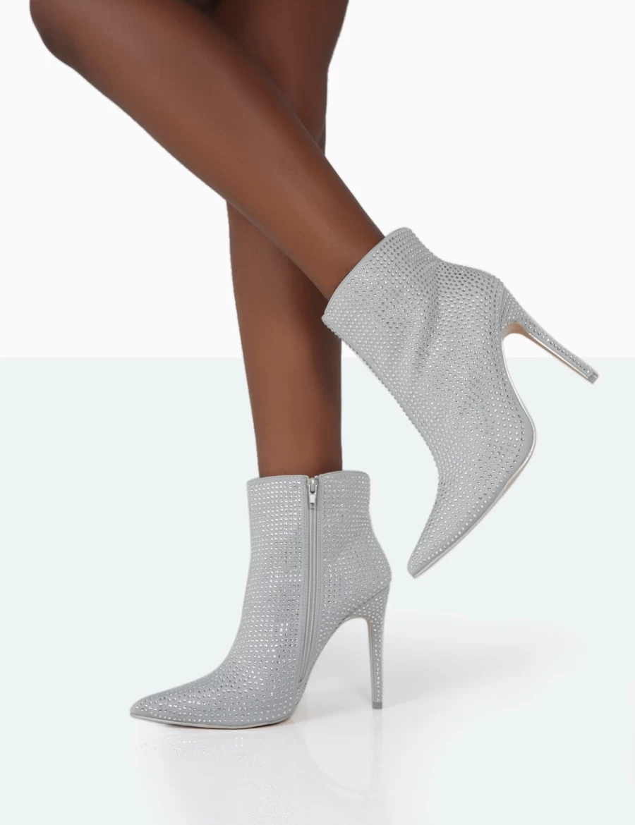 Public Desire Women's Verona Silver Sparkly Diamante Wide Fit Stiletto Ankle Boots