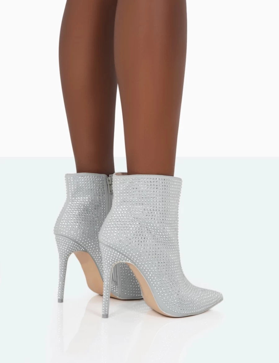 Public Desire Women's Verona Silver Sparkly Diamante Wide Fit Stiletto Ankle Boots