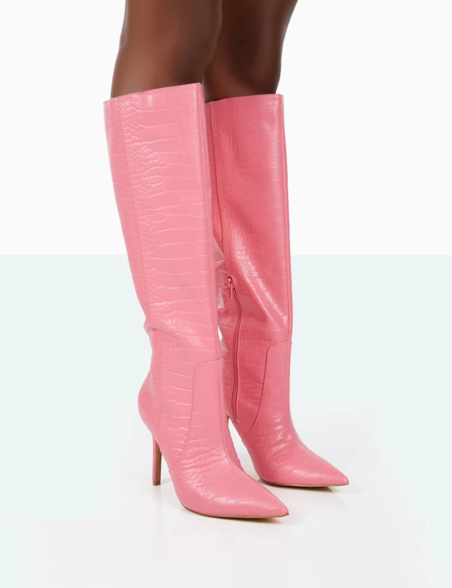 Public Desire Women's Pink Pointed Toe Stiletto Knee High Boots - Best Believe Heeled Croc Design