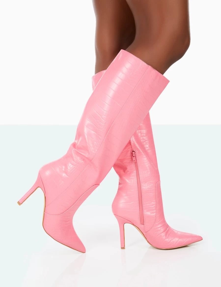 Public Desire Women's Pink Pointed Toe Stiletto Knee High Boots - Best Believe Heeled Croc Design