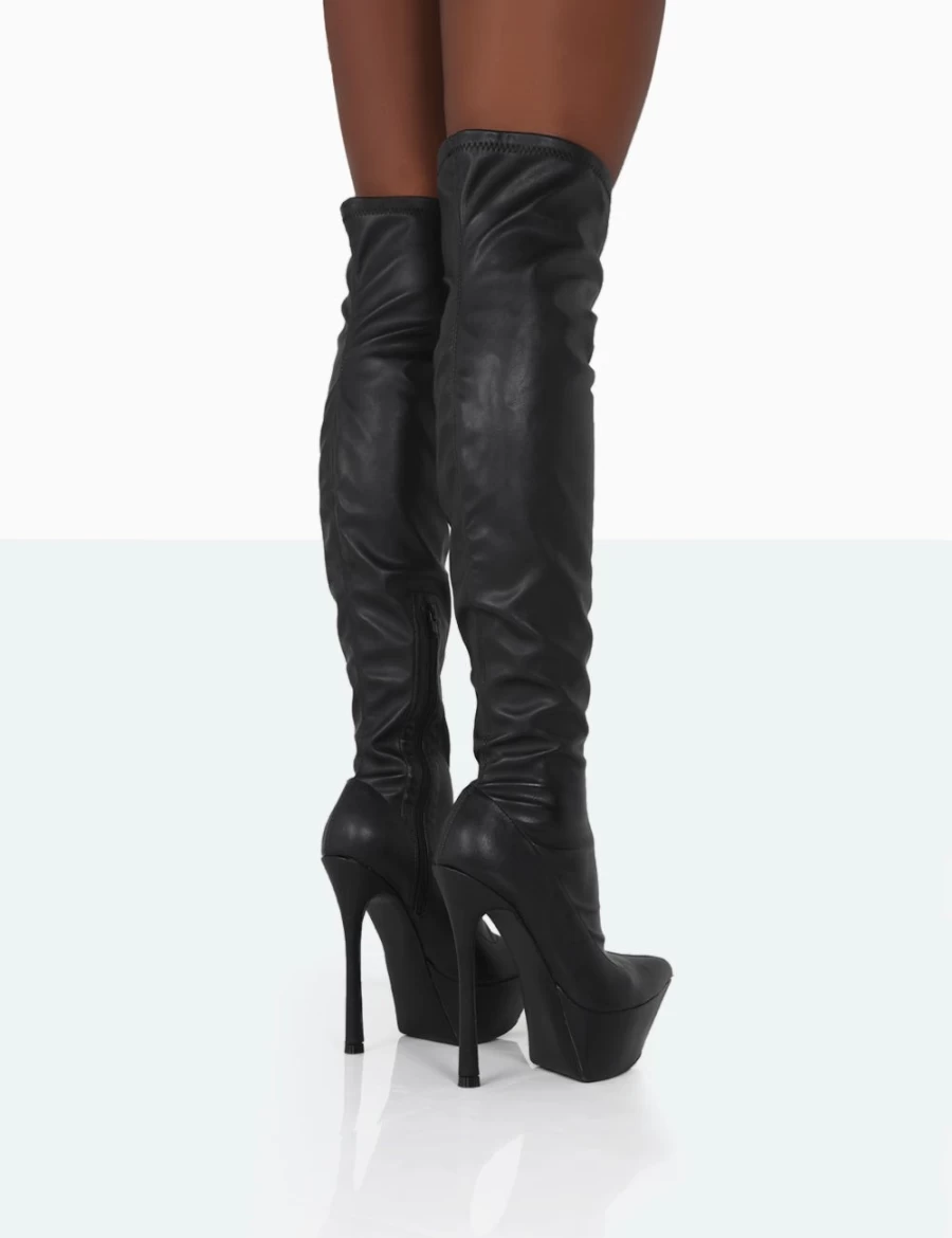 Public Desire Women's Black Trixie Grain PU Stiletto Platform Over The Knee Boots
