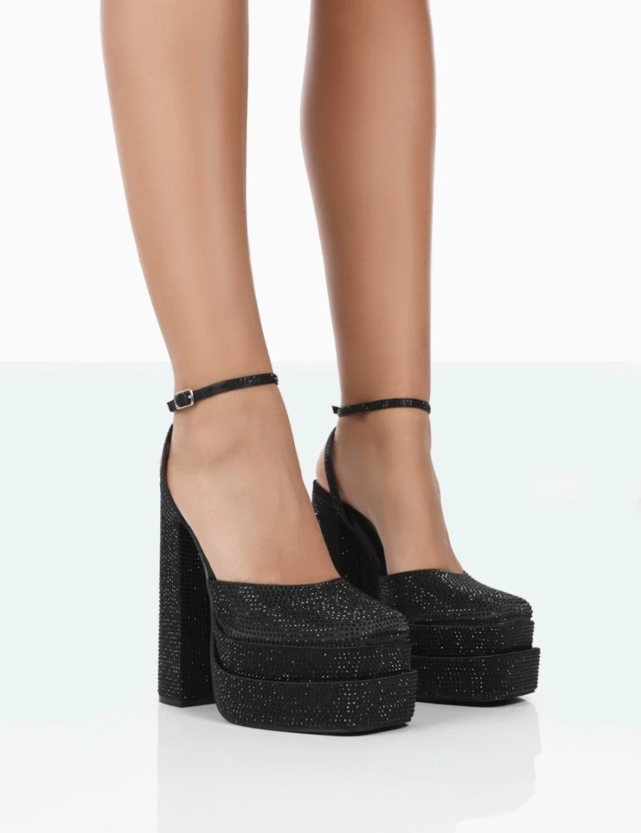 Public Desire Women's Black Moonchild Sparkly Diamante Satin Platform Heels - Closed Toe Block Heel Shoes