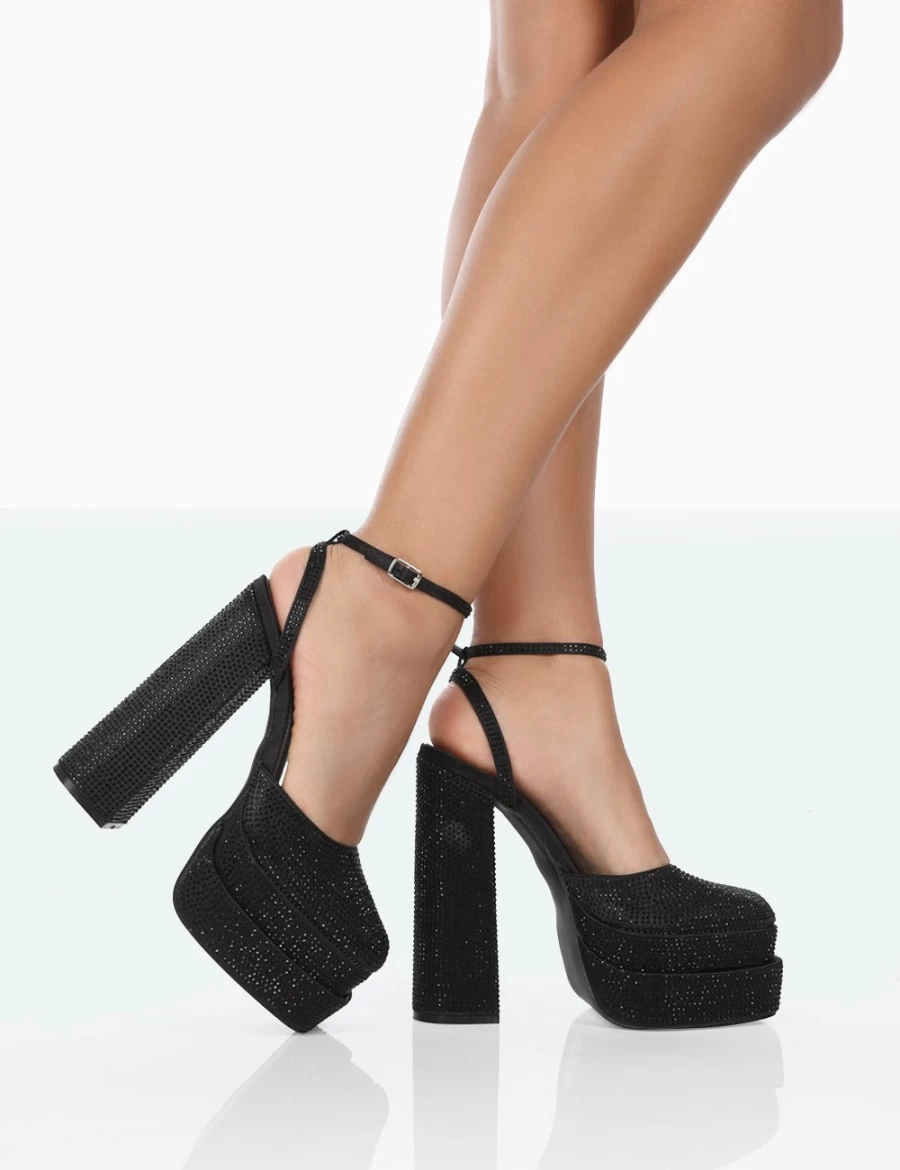 Public Desire Women's Black Moonchild Sparkly Diamante Satin Platform Heels - Closed Toe Block Heel Shoes