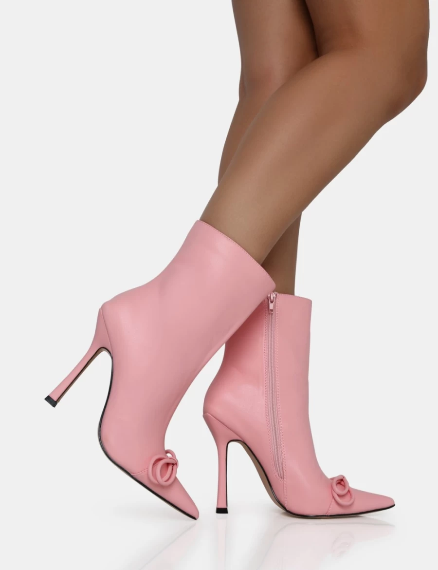 Public Desire Women's Pink Rhia Pu Bow Pointed Toe Stiletto Ankle Boots