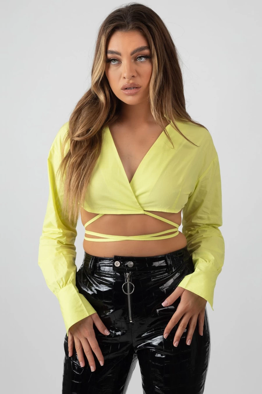 Public Desire Women's Green Cropped Poplin Wrap Shirt