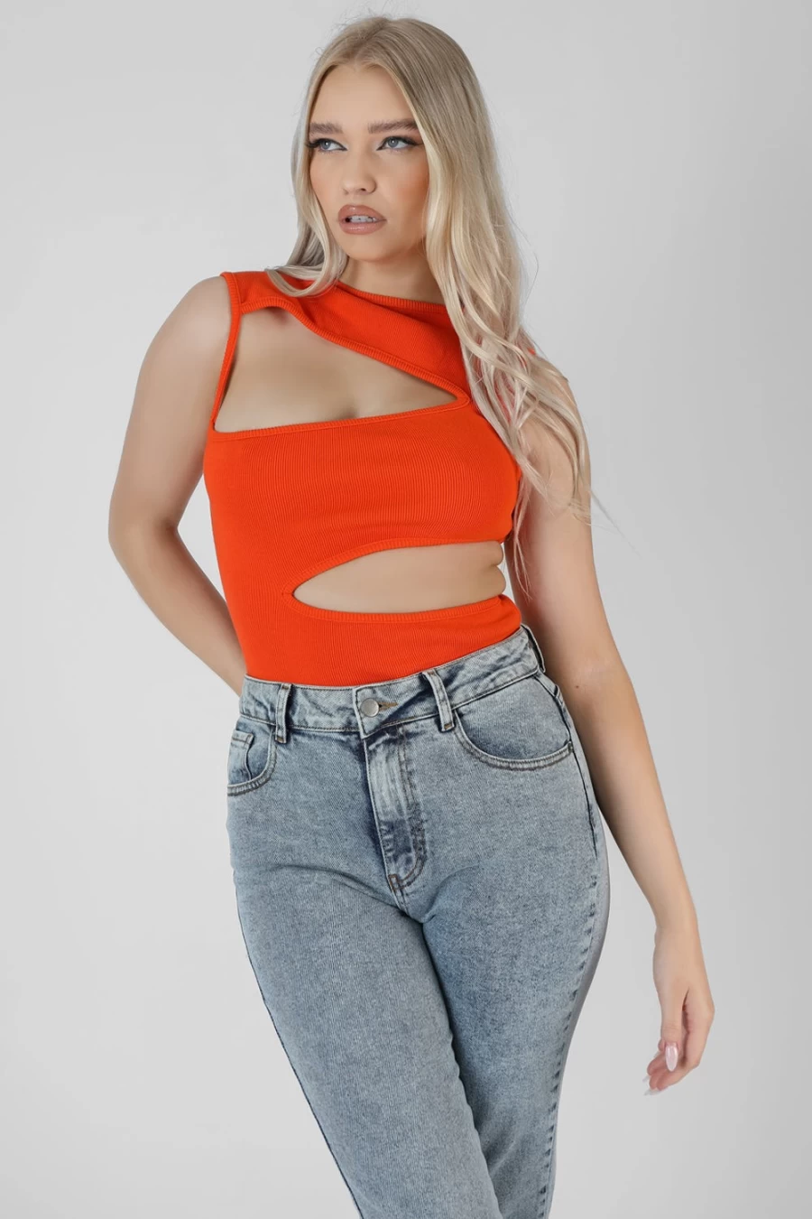 Public Desire Women's Orange Asymmetric Cut Away Bodysuit - Sexy One-Piece Outfit