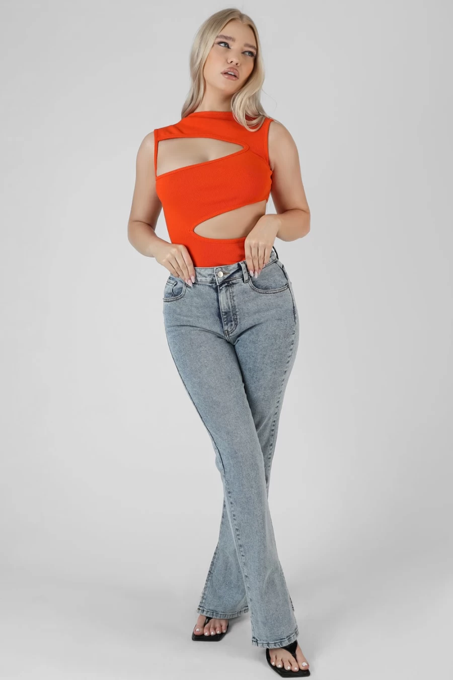 Public Desire Women's Orange Asymmetric Cut Away Bodysuit - Sexy One-Piece Outfit