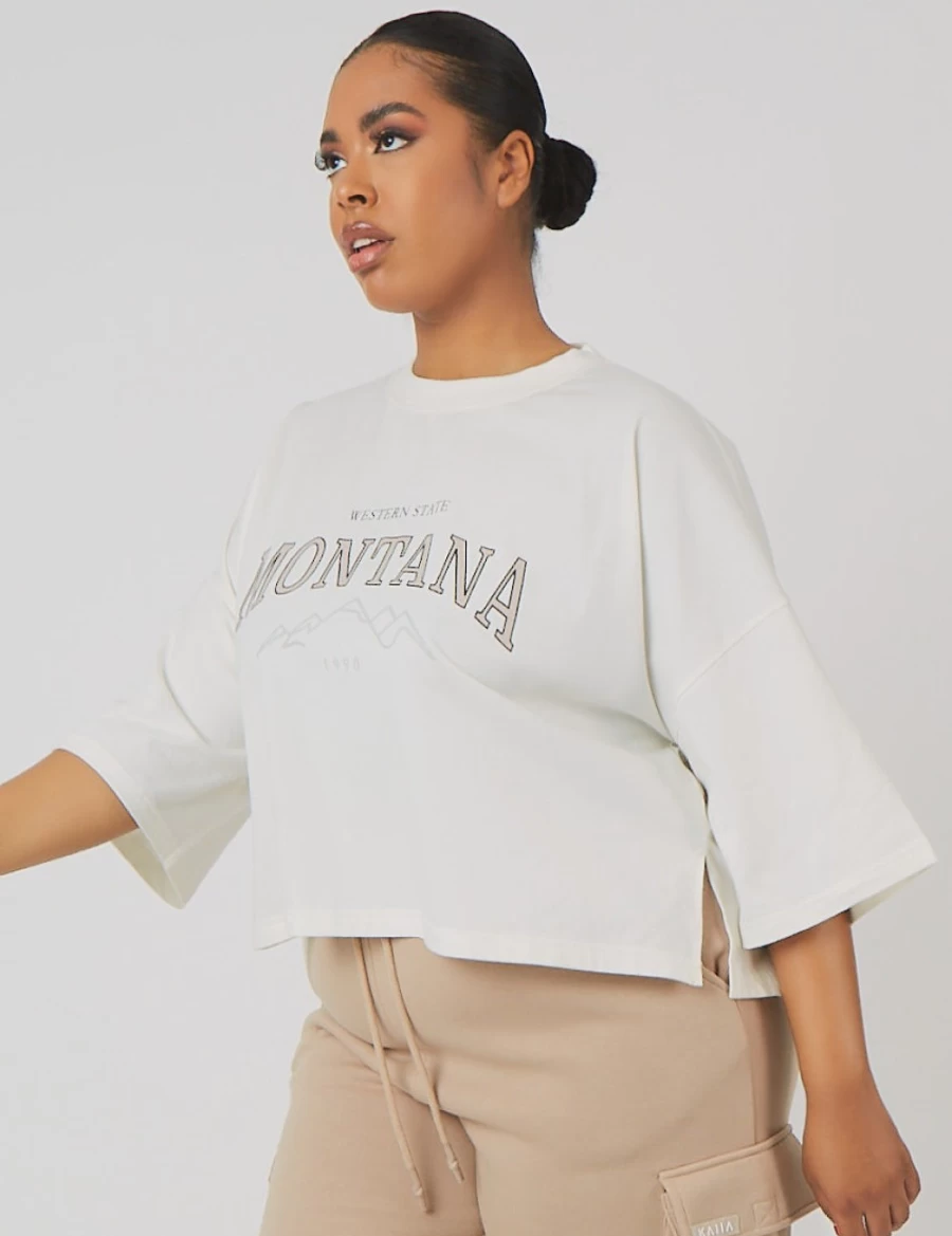 Public Desire Women's Ecru Vintage Boxy Cropped T-Shirt - Curve Fit Casual Top