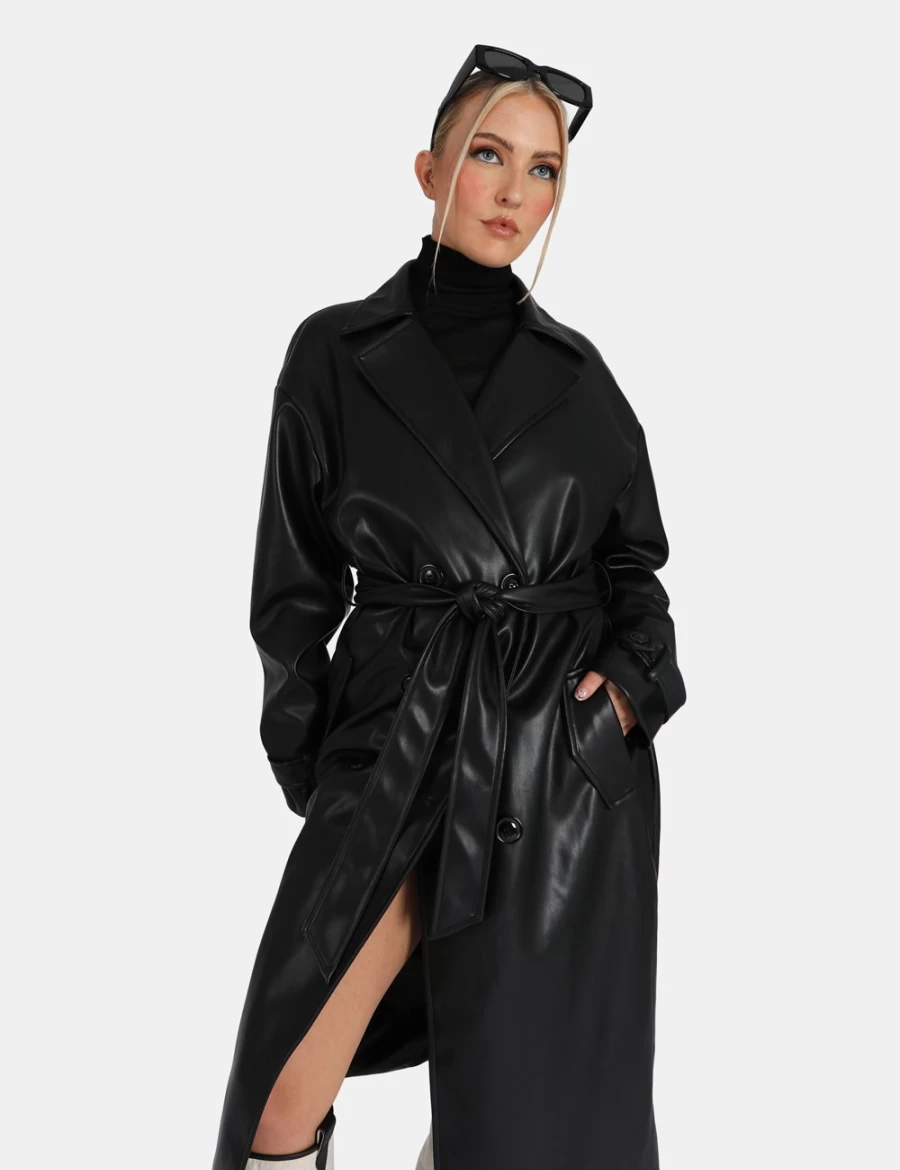 "Public Desire Women's Black Longline PU Belted Trench Coat"