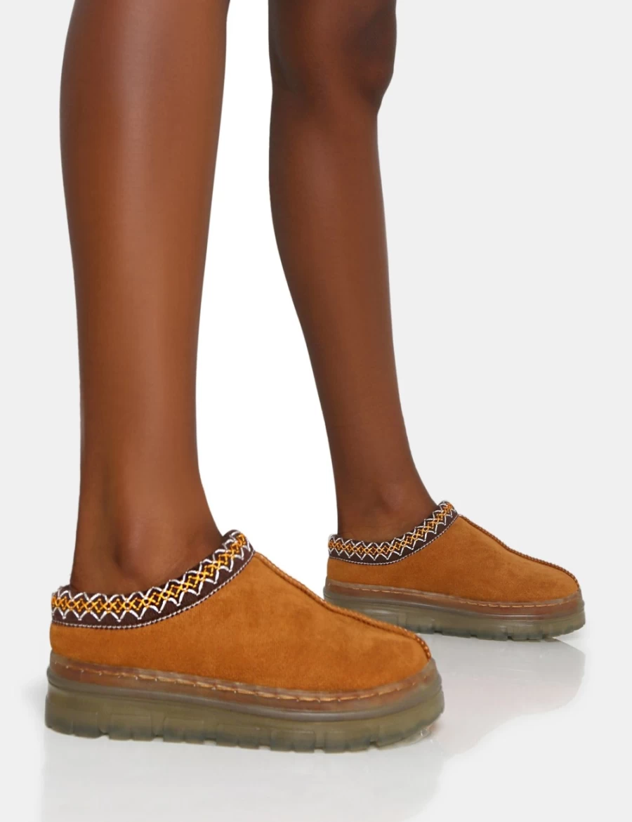 Public Desire Women's Tan Faux Suede Embroidered Platform Boots - Nala Slipper Style