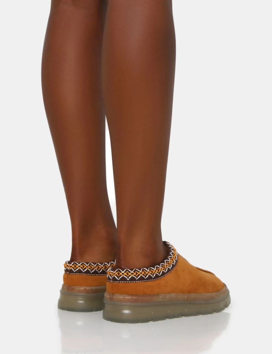 Public Desire Women's Tan Faux Suede Embroidered Platform Boots - Nala Slipper Style