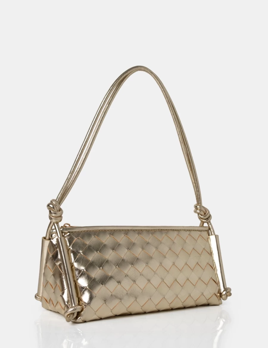 Public Desire Gold Woven Oblong Shoulder Bag for Women - Knotted Handle Elegant Clutch