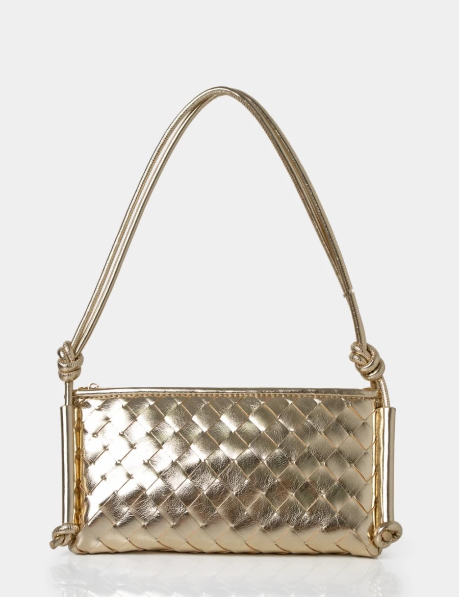 Public Desire Gold Woven Oblong Shoulder Bag for Women - Knotted Handle Elegant Clutch