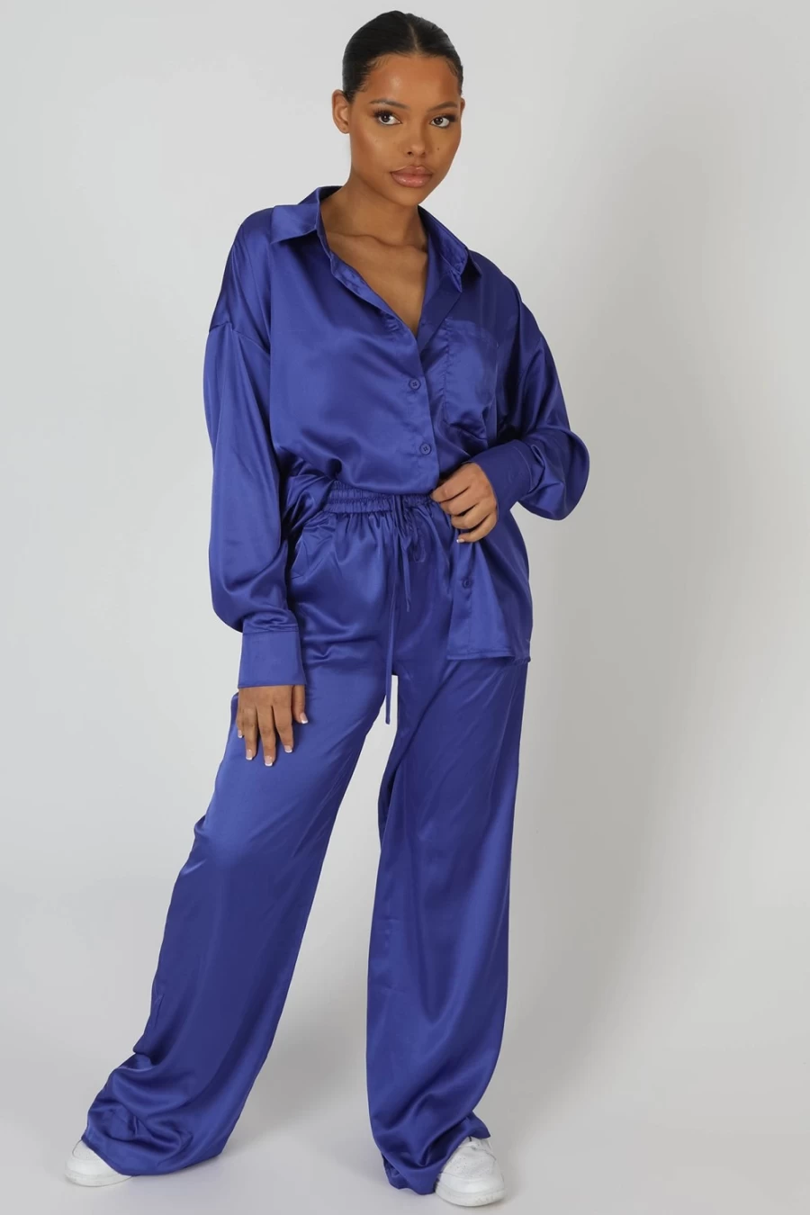 Public Desire Women's Purple Satin Wide Leg Trousers - High Waist Elegant Palazzo Pants