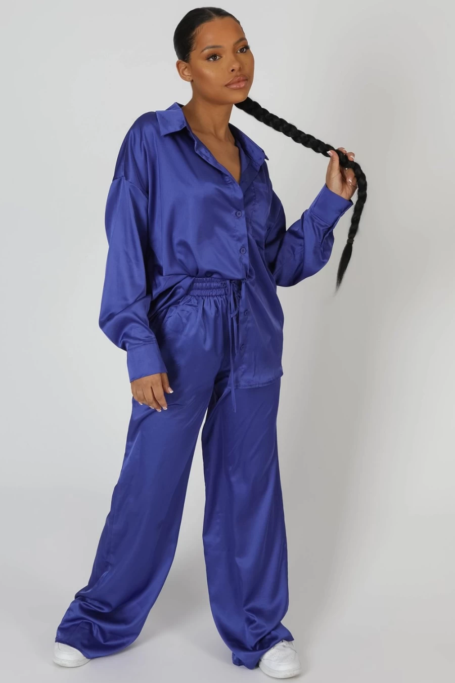 Public Desire Women's Purple Satin Wide Leg Trousers - High Waist Elegant Palazzo Pants