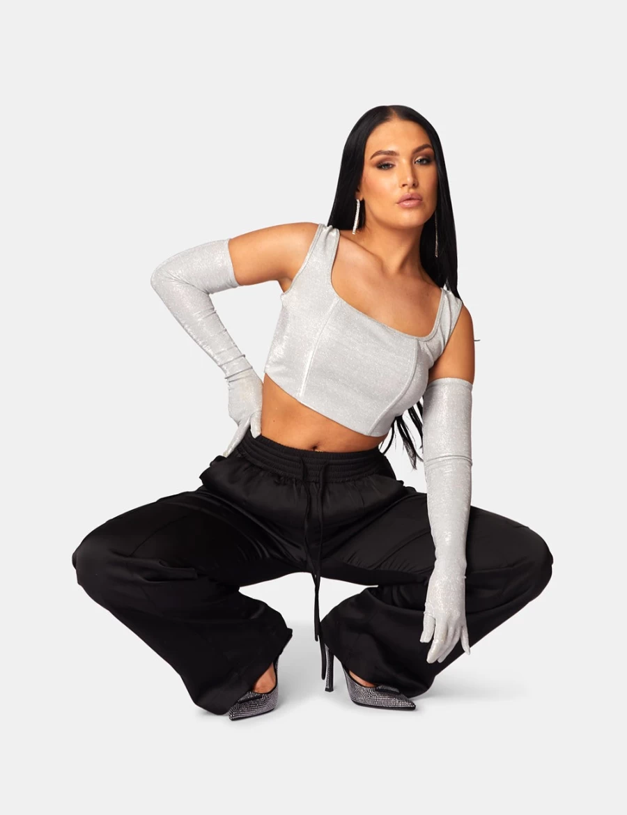 "Public Desire Women's Silver Glitter Corset Top & Matching Gloves Set"