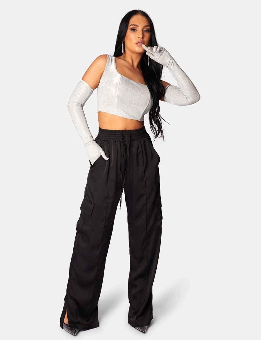 "Public Desire Women's Silver Glitter Corset Top & Matching Gloves Set"