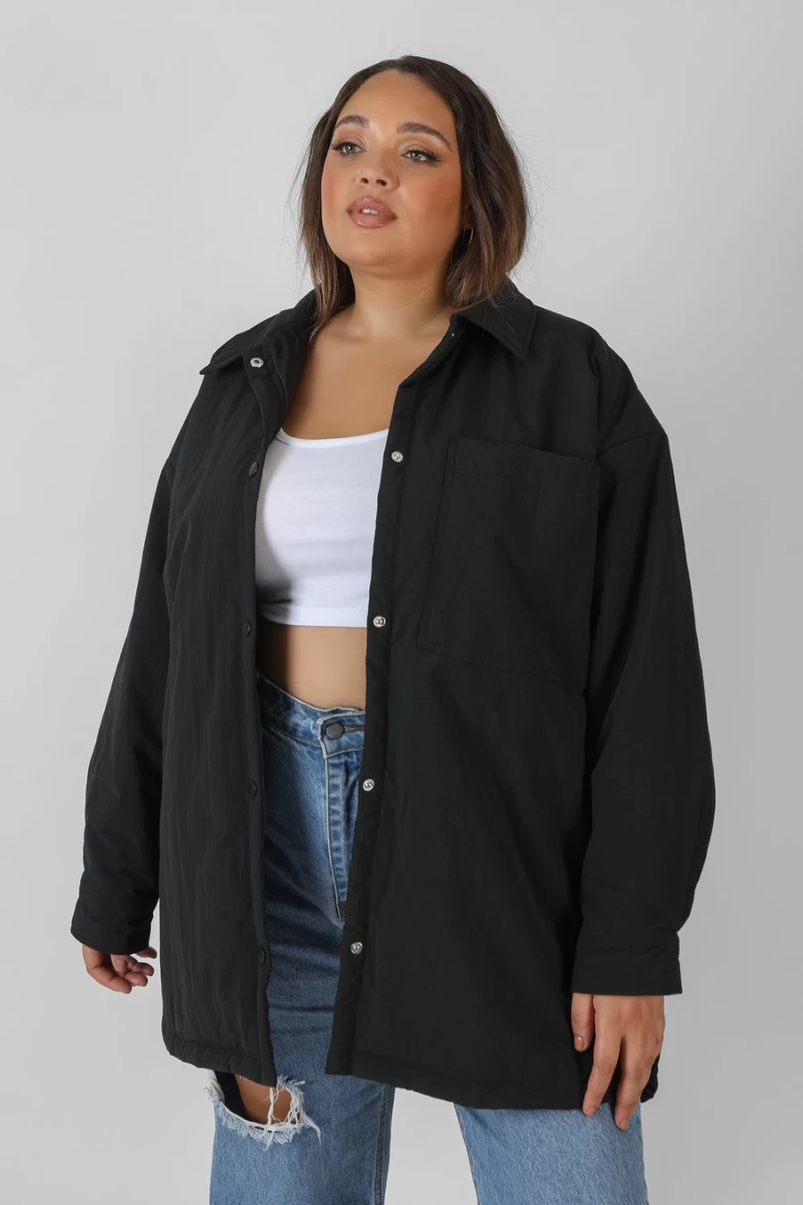 Public Desire Women's Black Oversized Padded Shacket with Curve Fit
