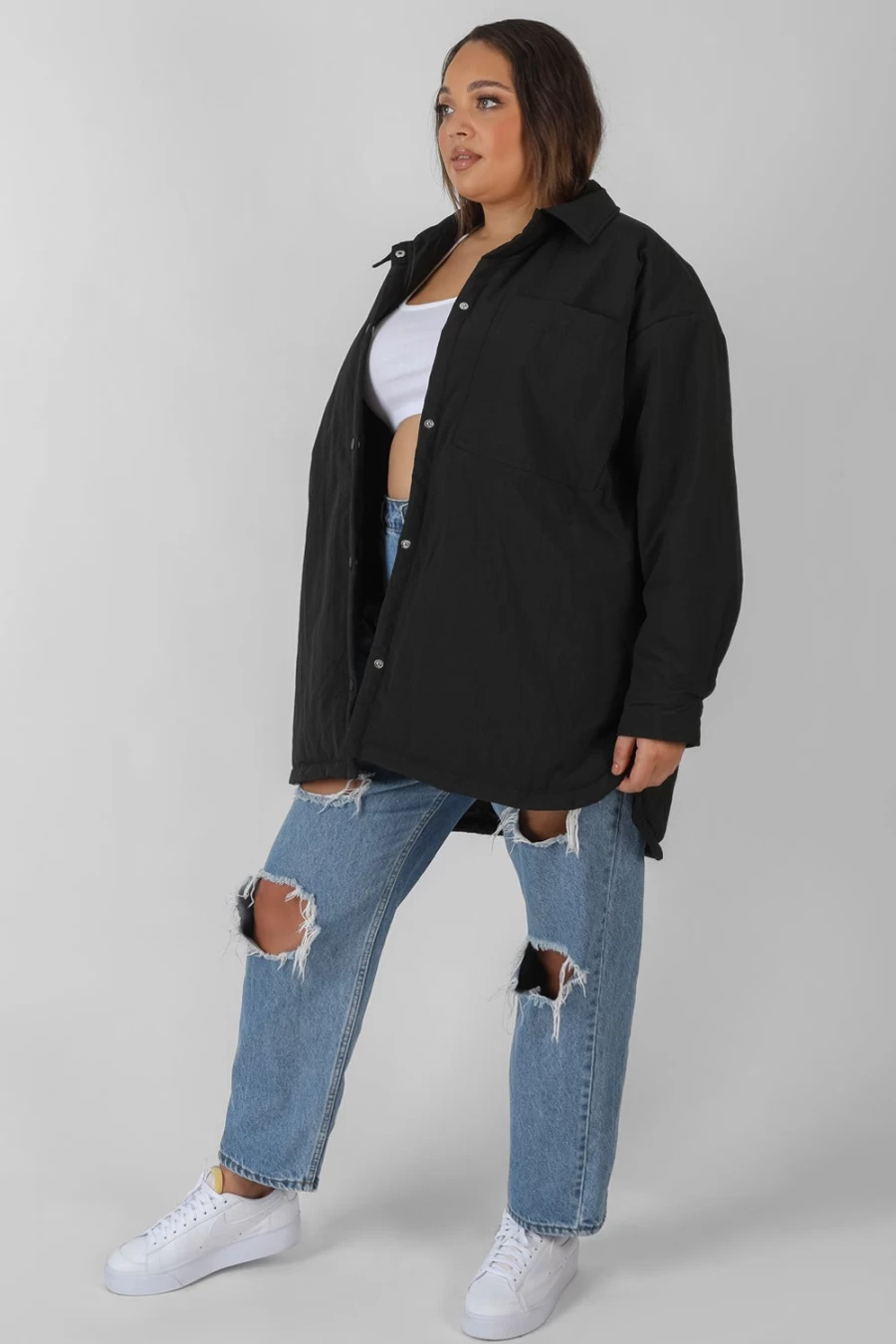Public Desire Women's Black Oversized Padded Shacket with Curve Fit