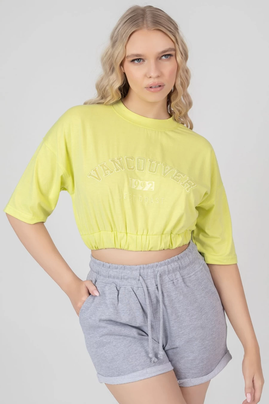 "Public Desire Women's Lime Elasticated Hem Tonal Embroidered T-Shirt"
