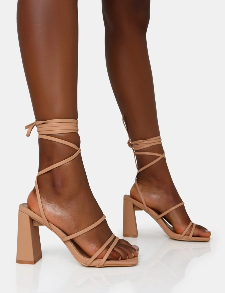 Public Desire Women's Nude Wide Fit Square Toe Mid Block Heels - PU Lace Up Shoes