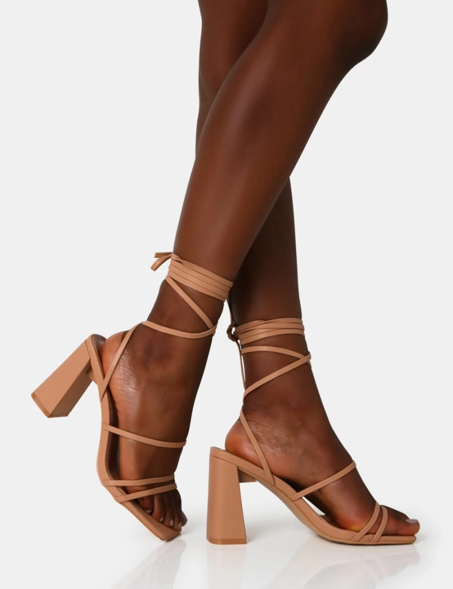 Public Desire Women's Nude Wide Fit Square Toe Mid Block Heels - PU Lace Up Shoes