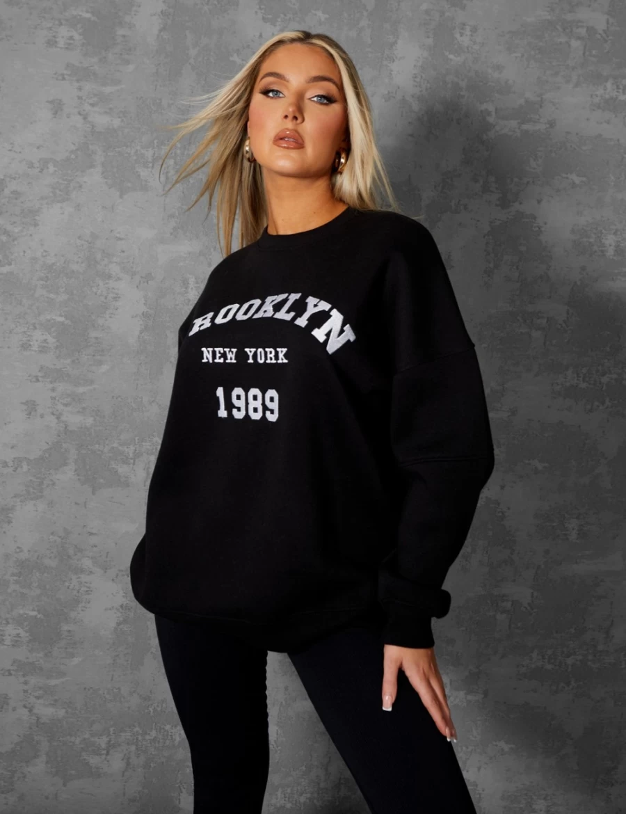Public Desire Women's Black Brooklyn Slogan Oversized Sweatshirt