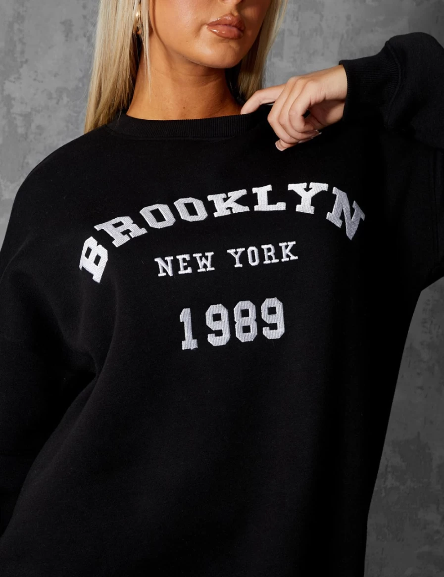 Public Desire Women's Black Brooklyn Slogan Oversized Sweatshirt