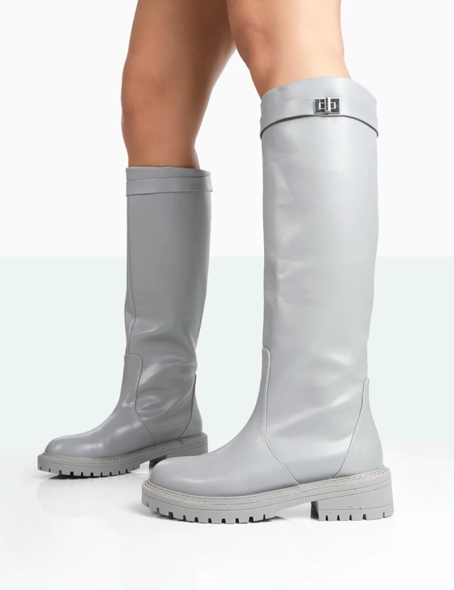 Public Desire Grey Women's Chunky Sole Knee High Boots - Round Toe Wide Fit More Fun Style