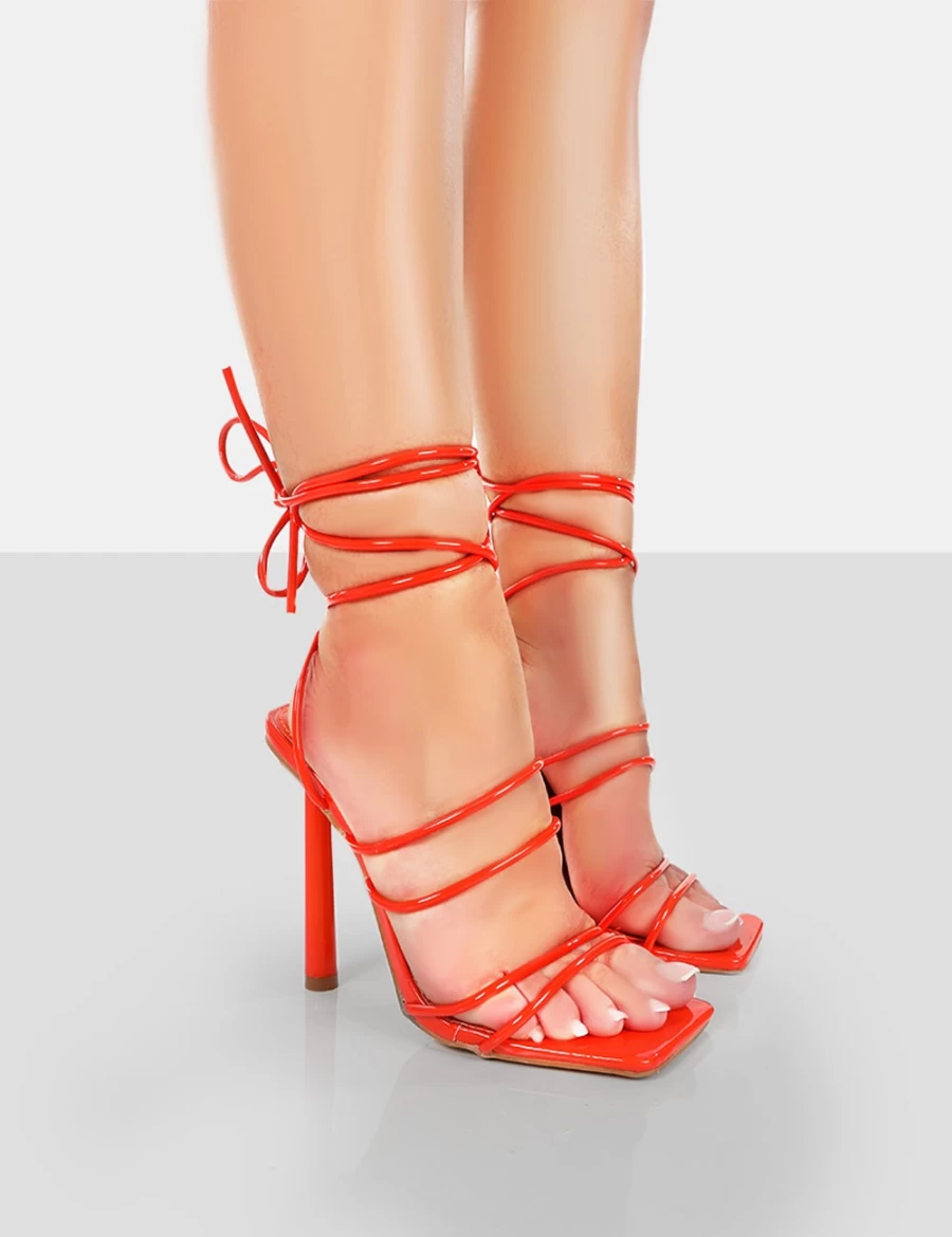 Public Desire Orange Women's Strappy Lace-Up Square Toe Stiletto Heels - Patent Leather High Heels