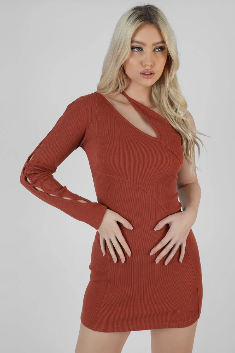 "Public Desire Women's Brown One Shoulder Button Sleeve Mini Dress"