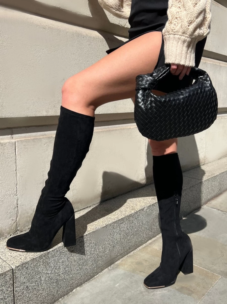 Public Desire Women's Black Faux Suede Knee High Boots with Block Heel