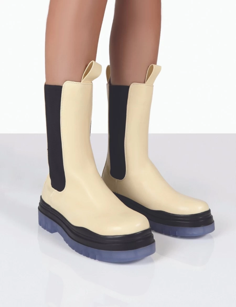 Public Desire Women's White Chunky Sole Chelsea Boots - Winter Wide Fit Ankle Boots