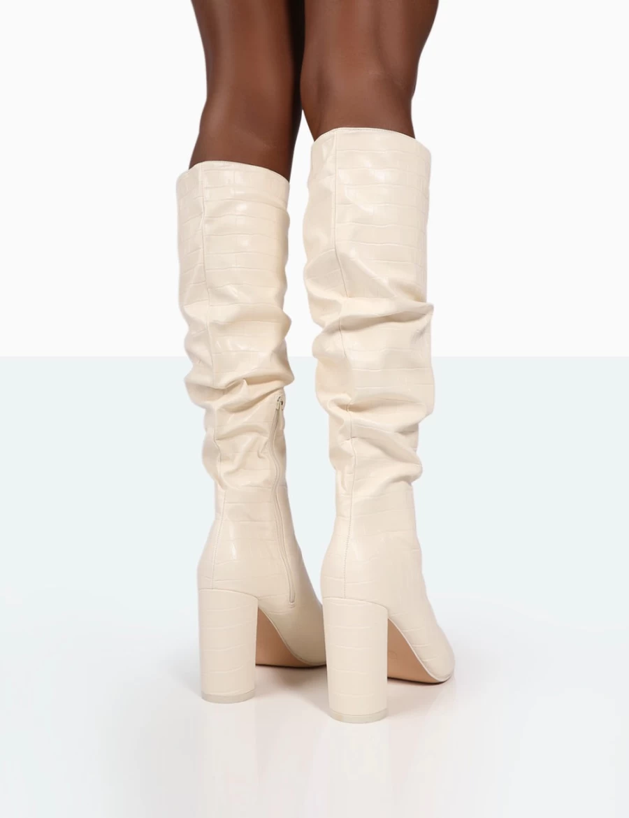 Public Desire Women's Ecru Mine Croc Pointed Toe Knee High Boots with Block Heel