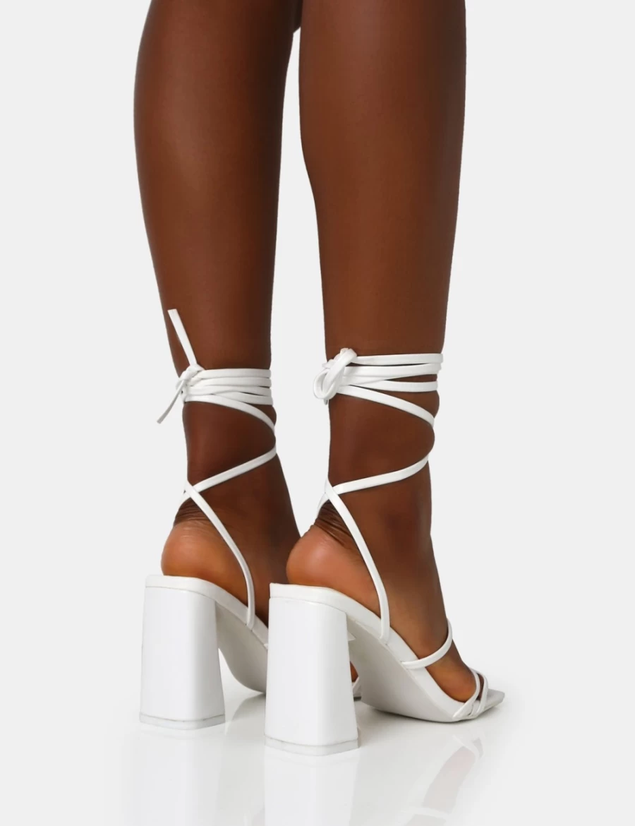 Public Desire Women's White Natty Pu Lace Up Square Toe Mid Block Heels