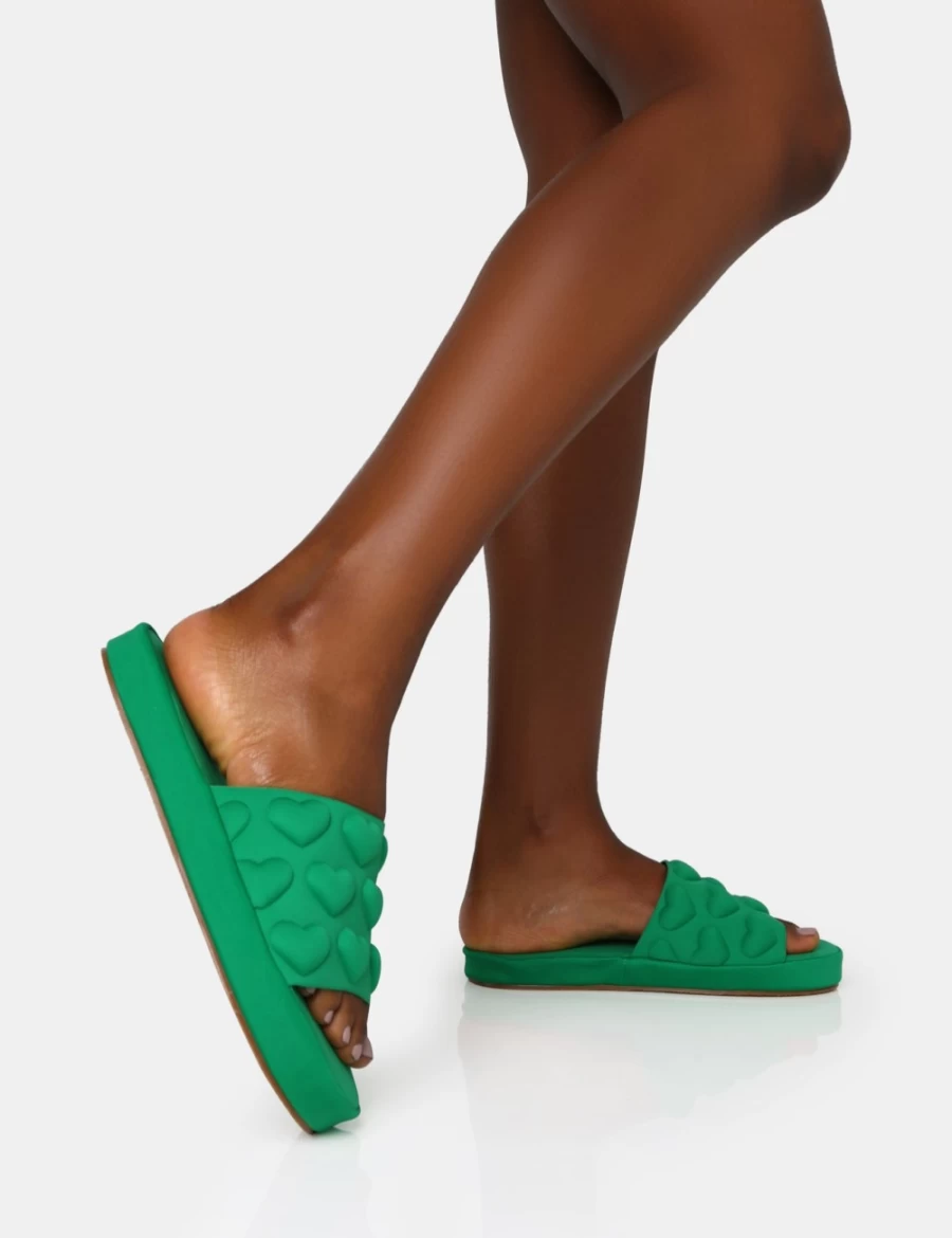 Public Desire Women's Green Nylon Embossed Heart Slider Sandals - Bestie Collection
